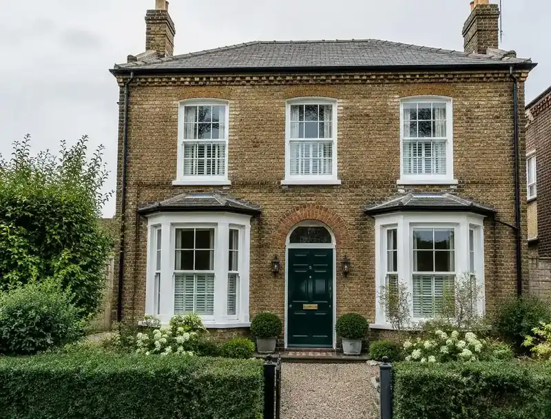 Victorian brick villa with freshly painted white sash windows and a green front door