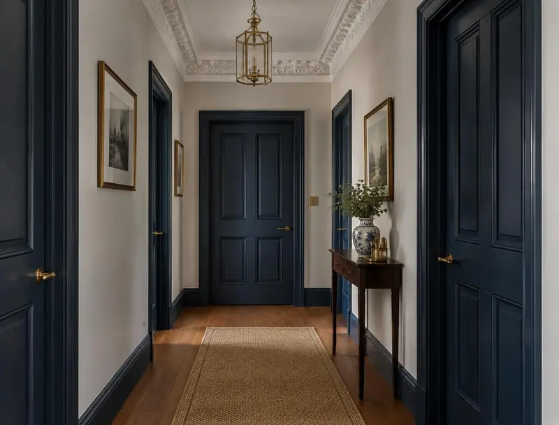 Hand-painted panelled doors in dark navy satinwood beneath ornate plaster coving