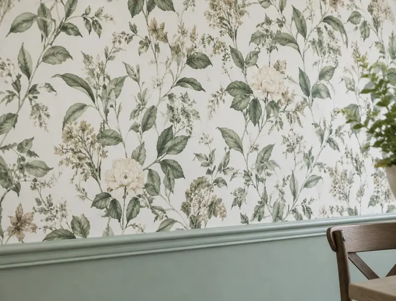 Botanical wallpaper hung with matched seams above a painted dado rail